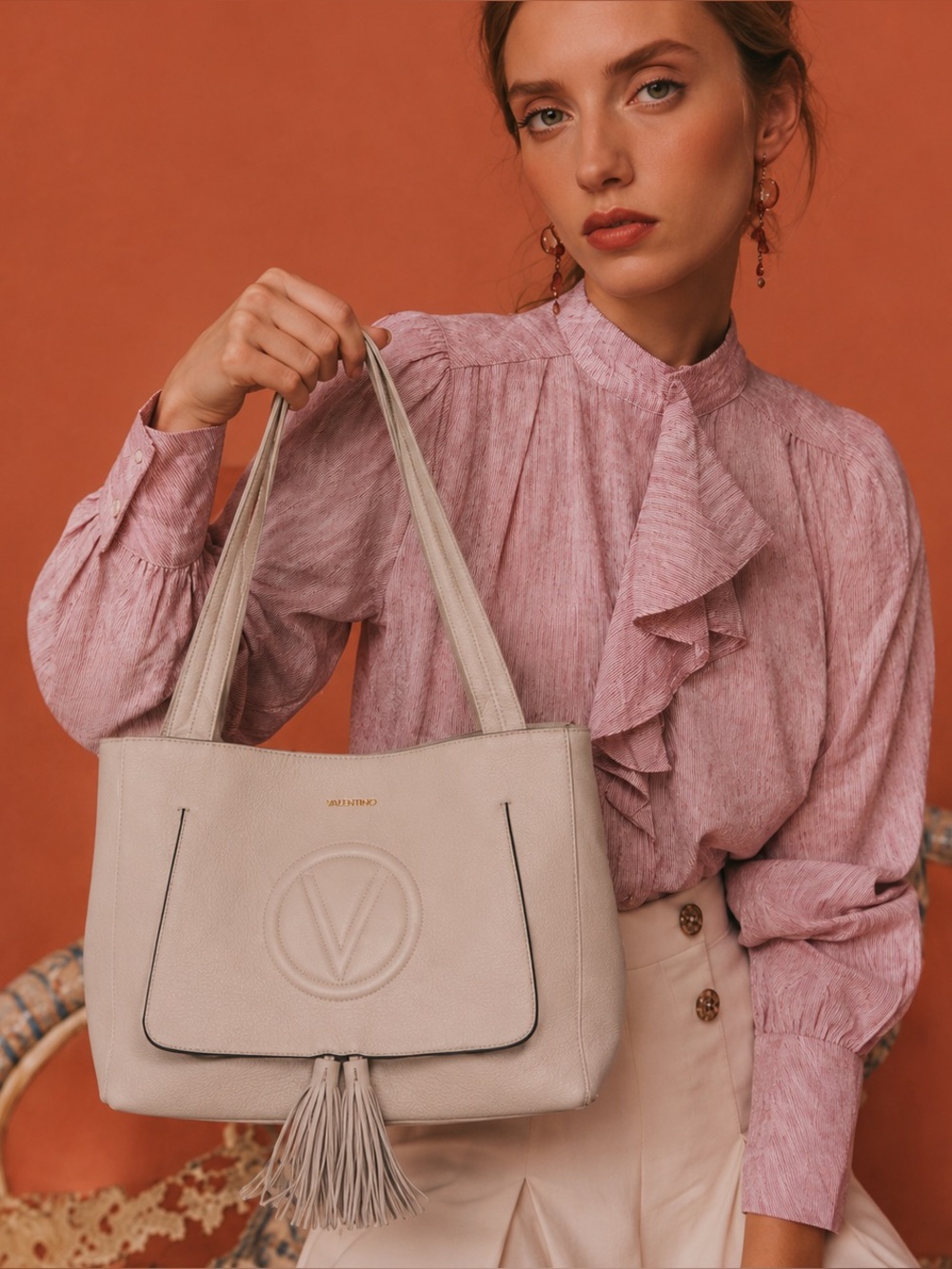 Valentino Taupe Women’s Leather Tote Bag with Tassel